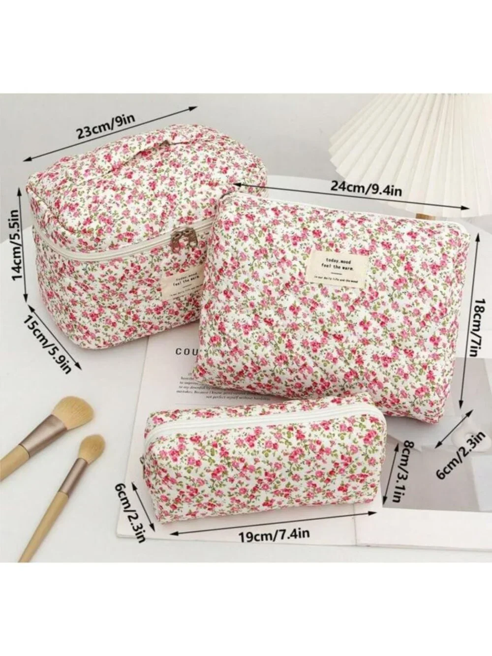 3 Pc Quilted Floral Makeup Bag Set Pink Cotton Cosmetic Toiletry Travel Gift